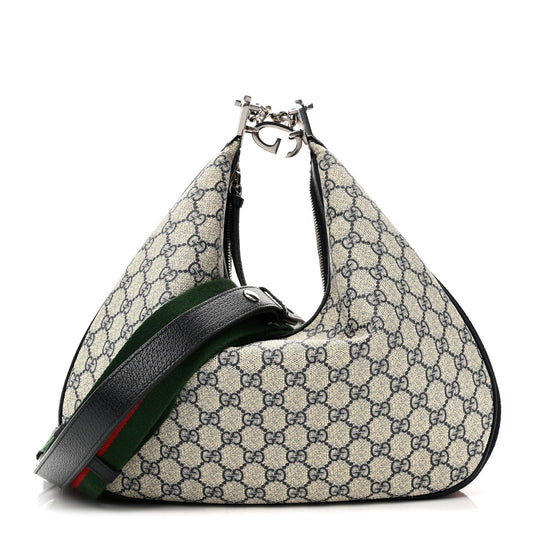 GG Supreme Monogram Textured Calfskin Web Large Attache Shoulder Bag Beige Blue