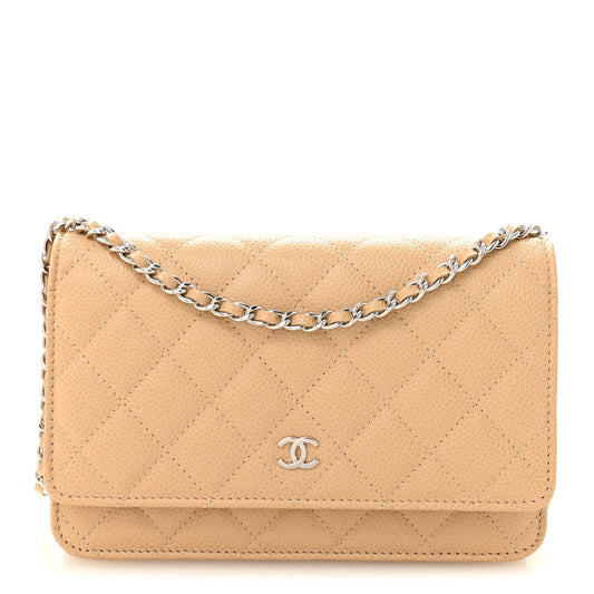 Caviar Quilted Wallet on Chain WOC Beige