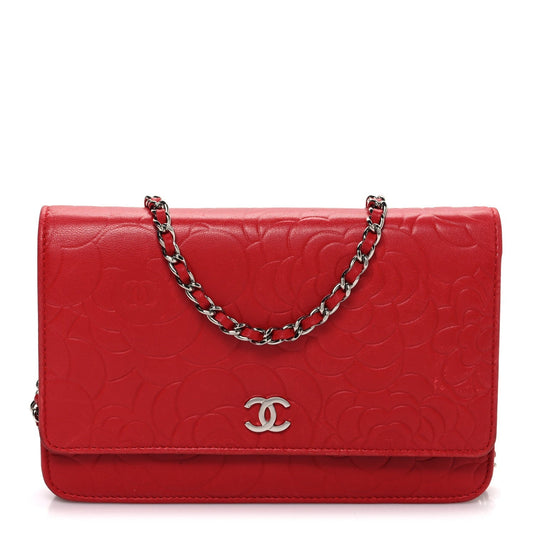 Lambskin Camellia Embossed Wallet on Chain WOC Red