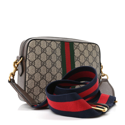 GG Supreme Monogram Textured Dollar Calfskin Web Ophidia Wristlet Shoulder Bag Beige Ebony New Acero