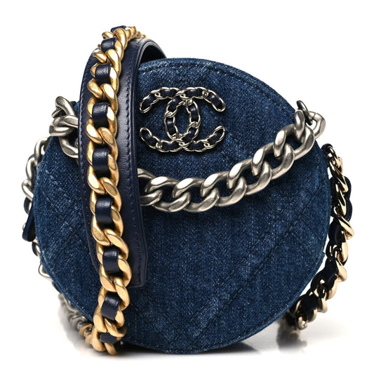 Denim Quilted Chanel 19 Round Clutch With Chain Blue