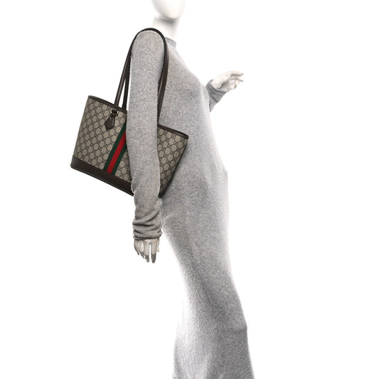 GG Supreme Monogram Textured Calfskin Web Small Ophidia Shoulder Tote Bag Beige Ebony New Acero