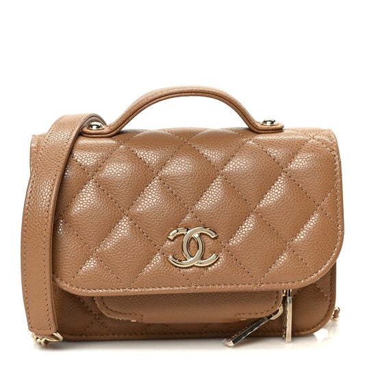 Caviar Quilted Business Affinity Clutch With Chain Flap Camel