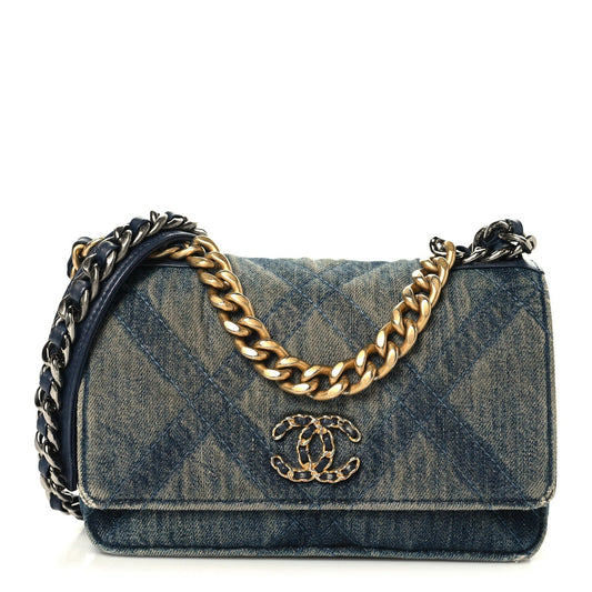 Denim Quilted Chanel 19 Wallet On Chain WOC Blue