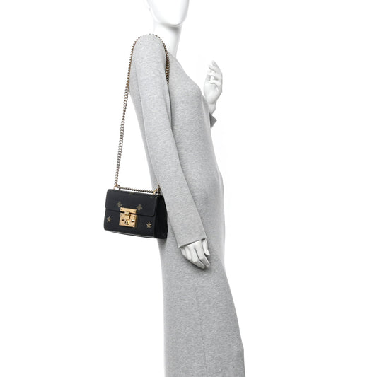 Grained Calfskin Bee Star Small Padlock Shoulder Bag Black