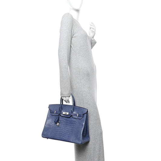 Matte Porosus Crocodile 18K White Gold Diamond Birkin 35 Bleu Brighton