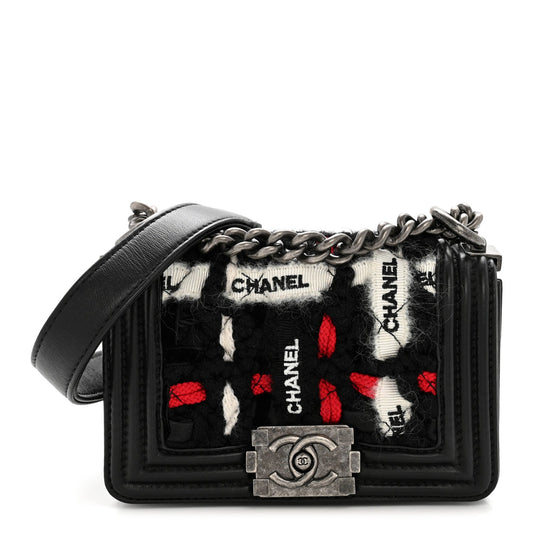 Lambskin Tweed Logo Embroidered Mini Boy Flap White Red Black