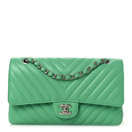 Caviar Chevron Quilted Medium Double Flap Green