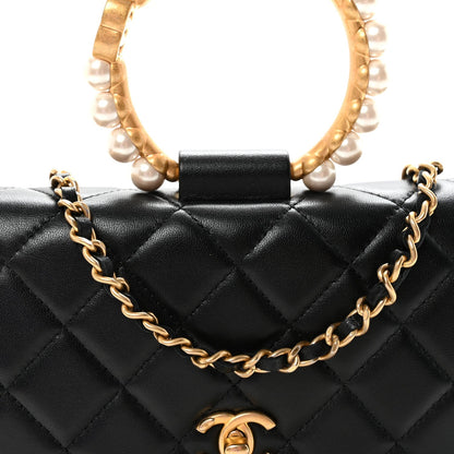 Lambskin Quilted Pearl Crown Wallet On Chain WOC Black