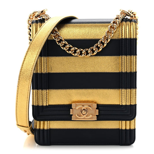 Metallic Lambskin Striped North South Boy Flap Navy Gold