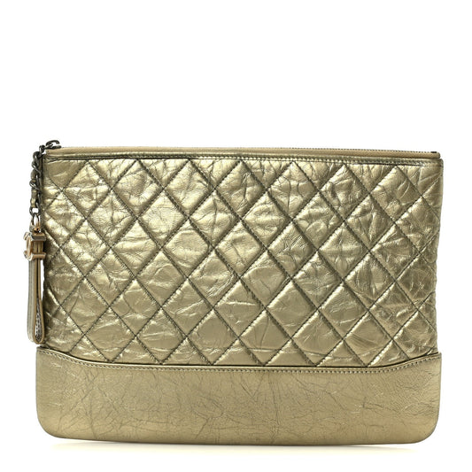 Metallic Aged Calfskin Quilted Medium Gabrielle Cosmetic Case  Gold