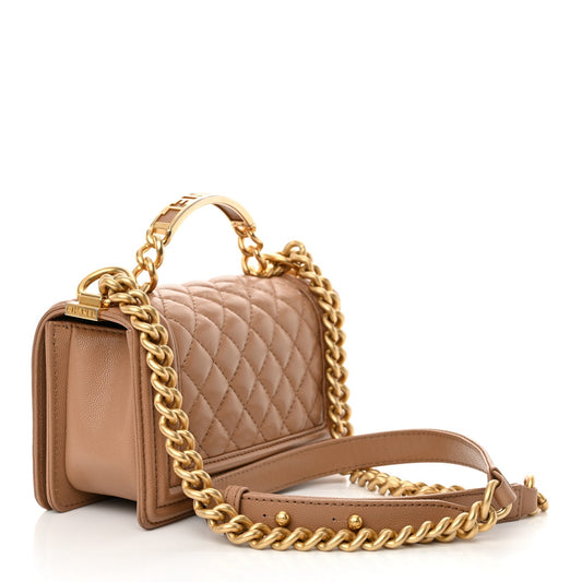 Caviar Quilted Small Top Handle Boy Flap Beige