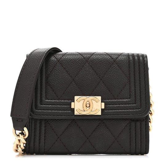 Caviar Quilted Boy Card Holder On Chain Black