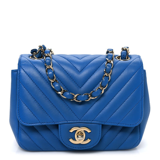 Lambskin Chevron Quilted Mini Square Flap Blue