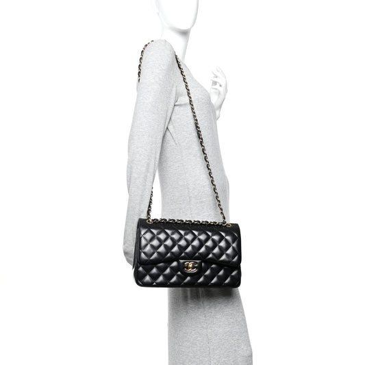 Lambskin Quilted Jumbo Double Flap  Black
