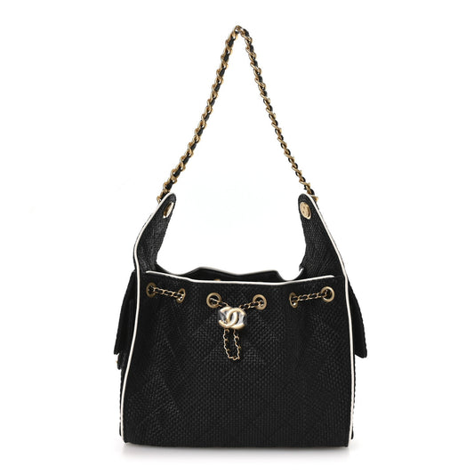 Braided Raffia Calfskin Small Chanel 25 Handbag Black White