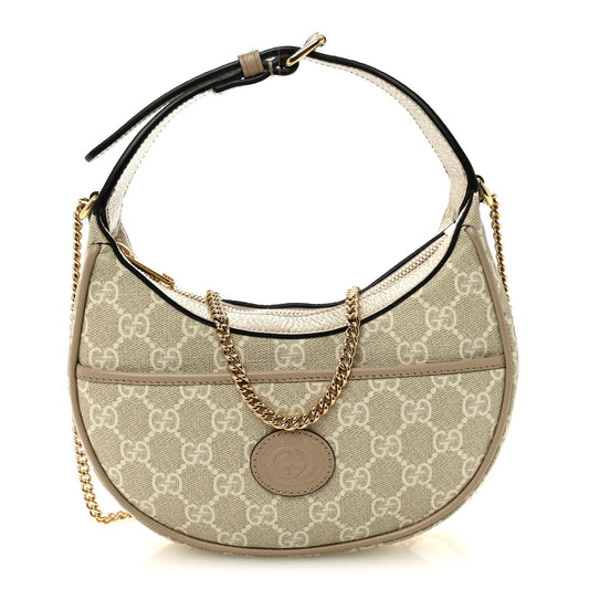 GG Supreme Monogram Textured Dollar Calfskin Mini Retro Interlocking G Half Moon Bag Beige Mystic White Oatmeal