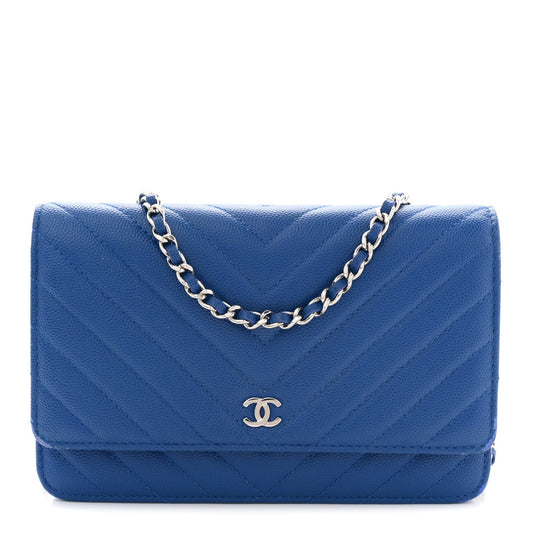 Caviar Chevron Quilted Wallet On Chain WOC Blue