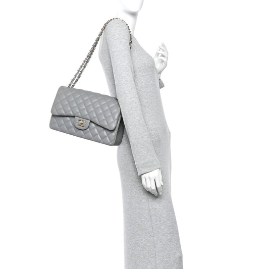 Caviar Quilted Jumbo Double Flap Grey