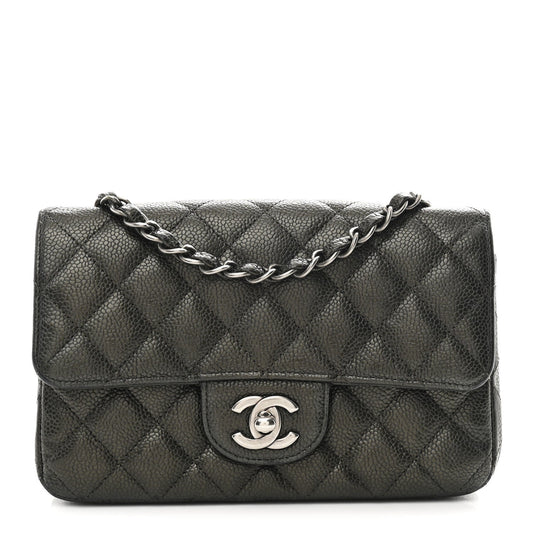 Metallic Caviar Quilted Mini Rectangular Flap Dark Grey