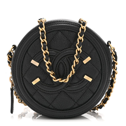 Caviar Quilted Round Filigree Crossbody Black