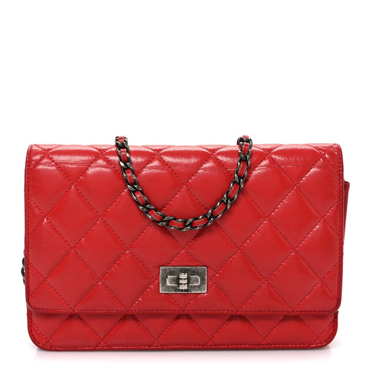 Glazed Calfskin Quilted Reissue Wallet On Chain WOC Red