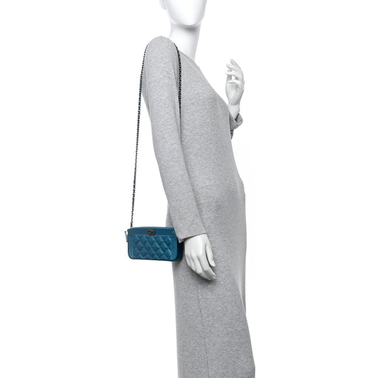 Metallic Caviar Quilted Small Boy Clutch With Chain Turquoise