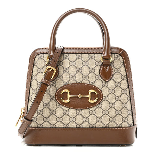 GG Supreme Monogram Azalea Calfskin Small Horsebit 1955 Top Handle Bag Beige Ebony Brown Sugar