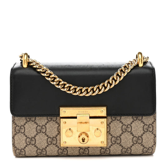 GG Supreme Monogram Calfskin Small Padlock Shoulder Bag Beige Black Cuir