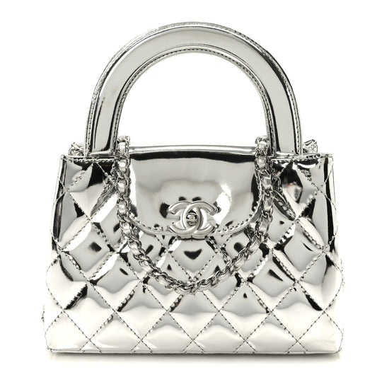 Mirror Calfskin Metallic Calfskin Quilted Nano Kelly Shopper Silvery