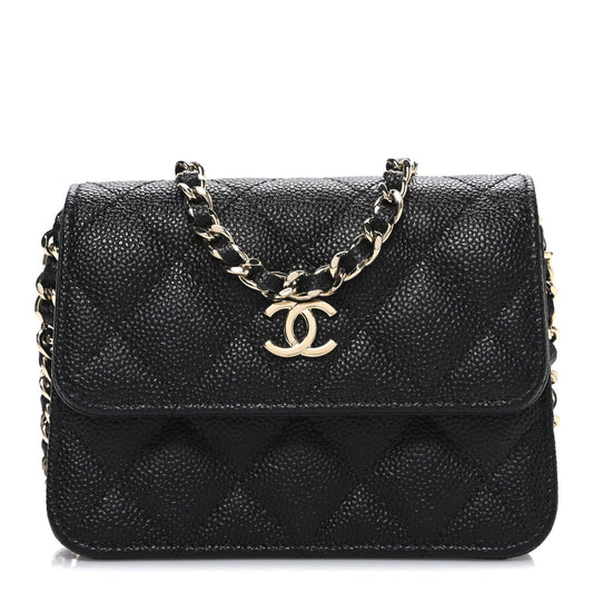 Caviar Quilted Mini Ribbon Wallet On Chain WOC Black