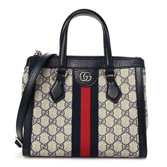 GG Supreme Monogram Textured Dollar Calfskin Web Small Ophidia Tote Bag Beige Blue