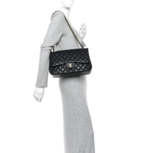 Lambskin Quilted Jumbo Double Flap Black