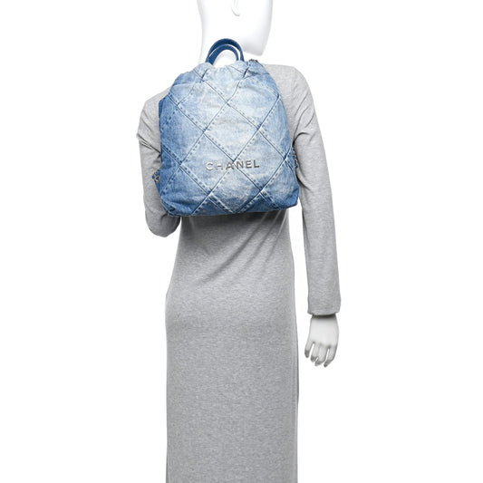 Denim Quilted Chanel 22 Backpack Blue