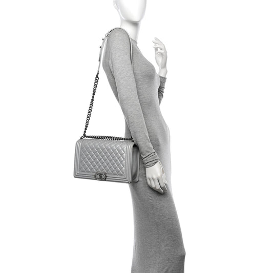 Metallic Calfskin Quilted New Medium Plexiglass Boy Flap Silver