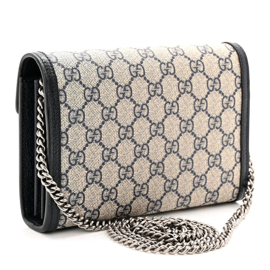 GG Supreme Monogram Textured Dollar Calfskin Mini Dionysus Chain Wallet Beige Blue