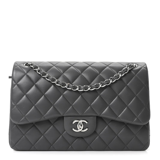 Lambskin Quilted Jumbo Double Flap Dark Grey