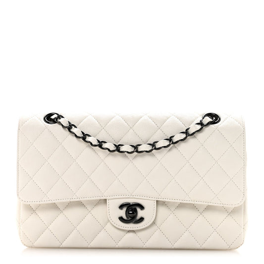 Crumpled Calfskin Quilted Medium Double Flap White