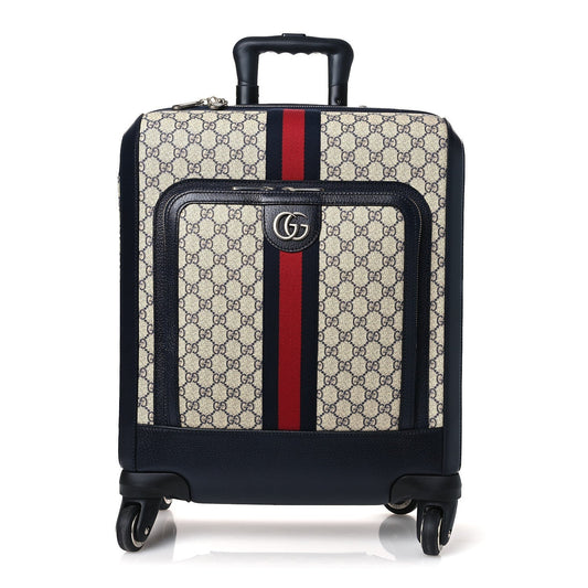 GG Supreme Monogram Textured Dollar Calfskin Web Small Savoy Cabin Trolley Beige Blue