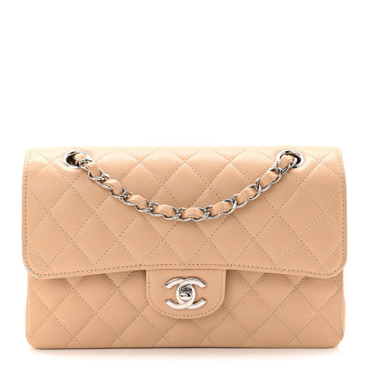 Caviar Quilted Small Double Flap Beige