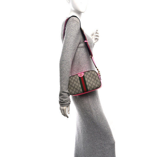 GG Supreme Monogram Textured Dollar Calfskin Web Ophidia Small Crossbody Bag Beige Ebony Fuchsia