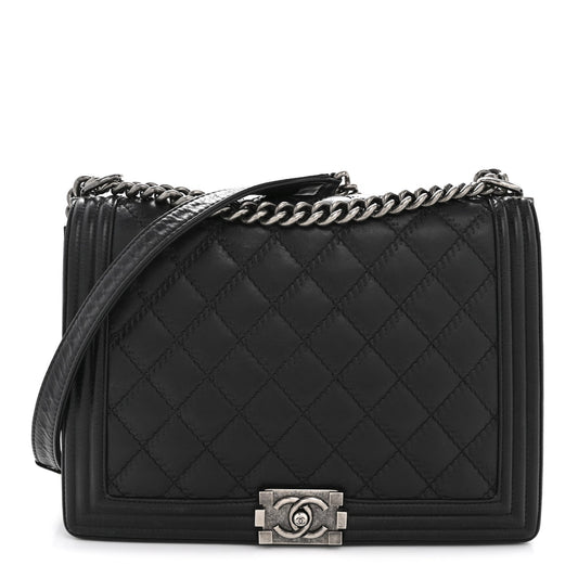 Calfskin Embossed Stitch Large Boy Flap Black