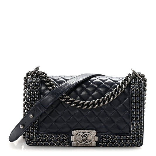 Glazed Calfskin Quilted Medium Boy Chained Flap Blue