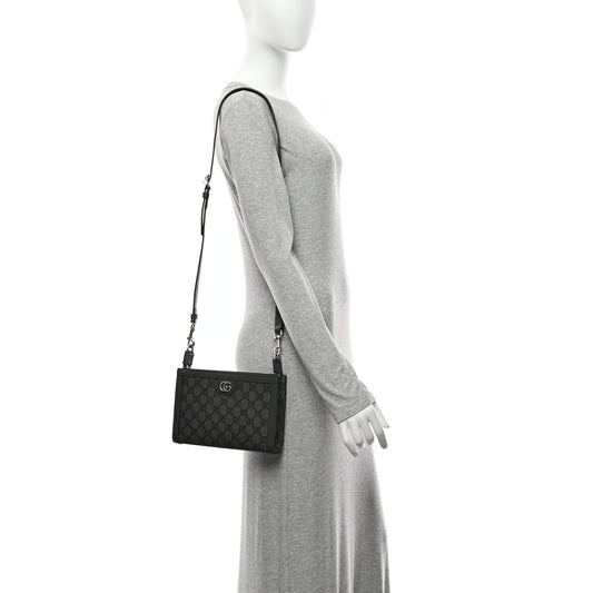 GG Supreme Monogram Textured Dollar Calfskin Web Small Ophidia Shoulder Bag  Grey Black Graphite Grey