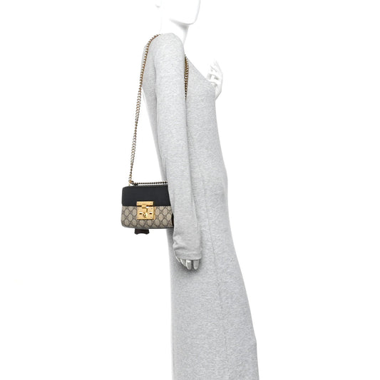 GG Supreme Monogram Calfskin Small Padlock Shoulder Bag Beige Black Cuir