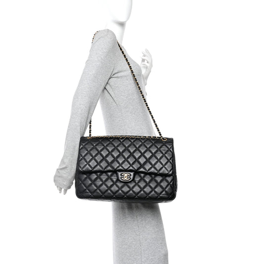 Grained Calfskin Quilted XXL Travel Flap Bag Black