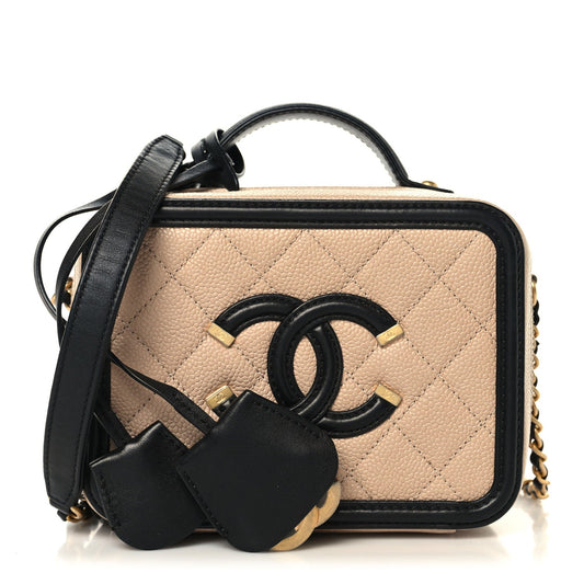 Caviar Quilted Small CC Filigree Vanity Case Beige Black