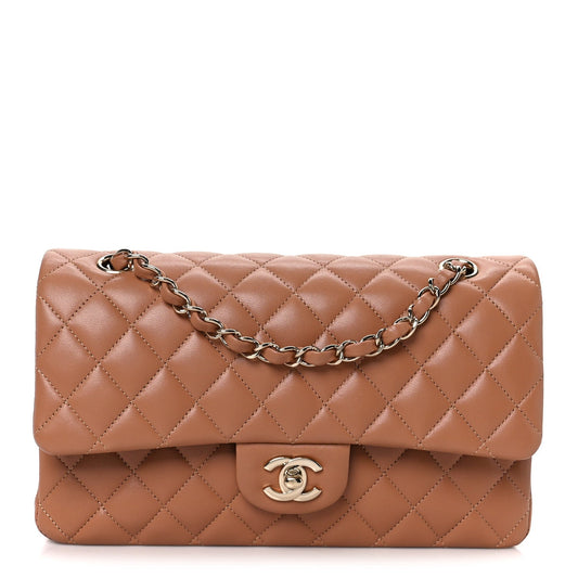 Lambskin Quilted Medium Double Flap Brown