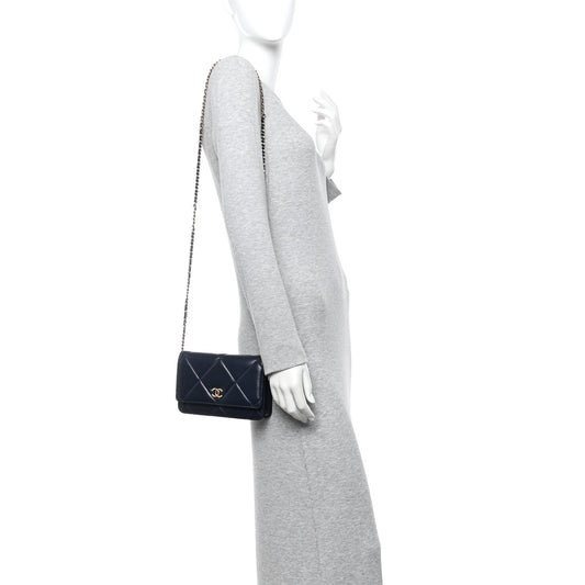 Lambskin Quilted Wallet On Chain WOC Navy