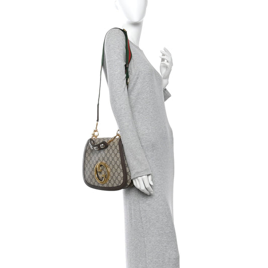 GG Supreme Monogram Textured Dollar Calfskin Web Medium Blondie Top Handle Shoulder Flap Bag Beige Ebony New Acero